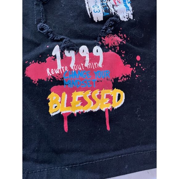 Copper Rivet Jean Shorts Mens 38 Black Hip Hop Denim Distressed Paint Patched - Picture 8 of 12